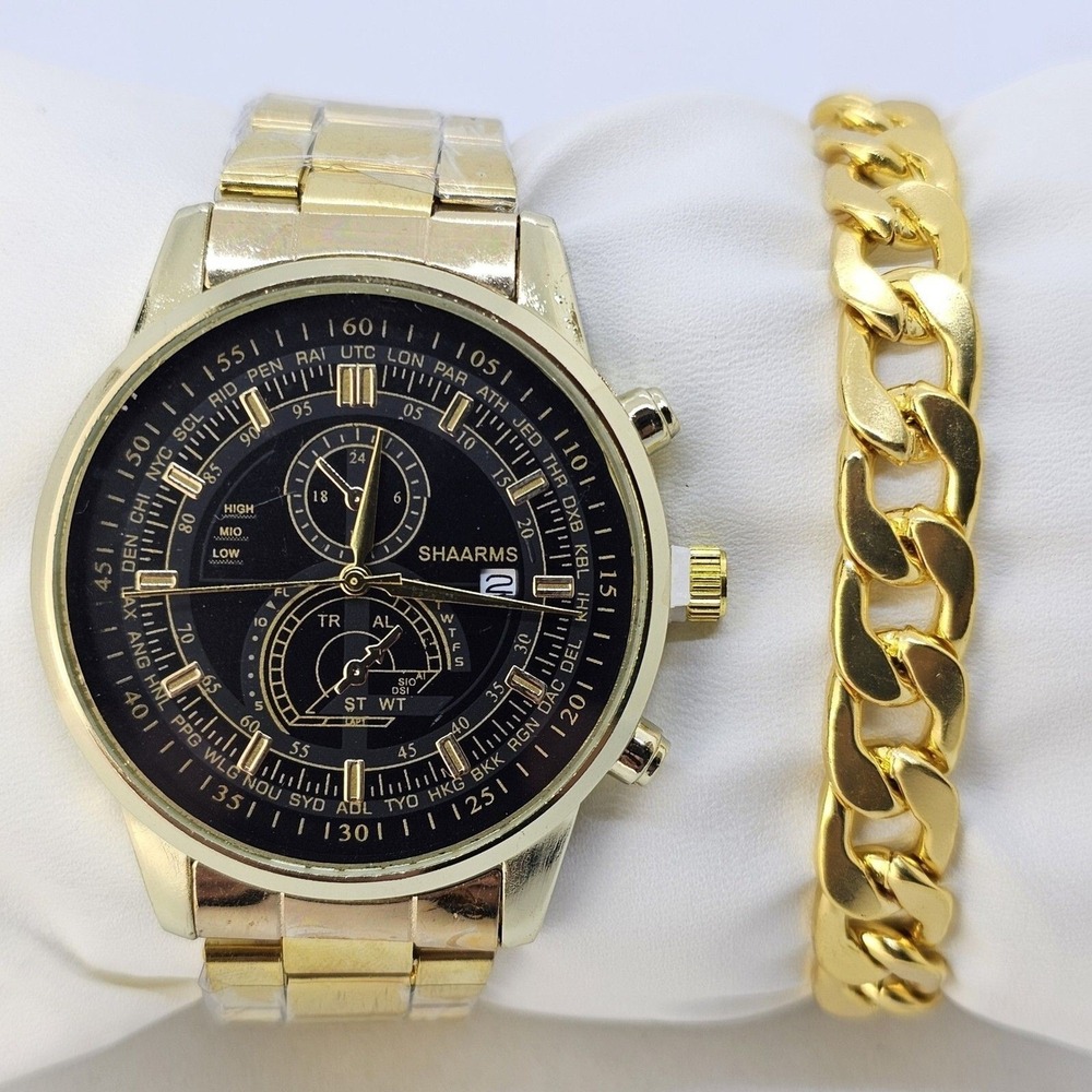 Men's 2PC Watch Bracelet Set 41MM Black Dial Date Gold Bracelet Band 7" Wrist - Picture 1 of 14